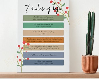 May include: A white canvas print with a green, brown, and blue background. The print features a list of seven rules of life written in black text. The background is decorated with red berries and green leaves.
