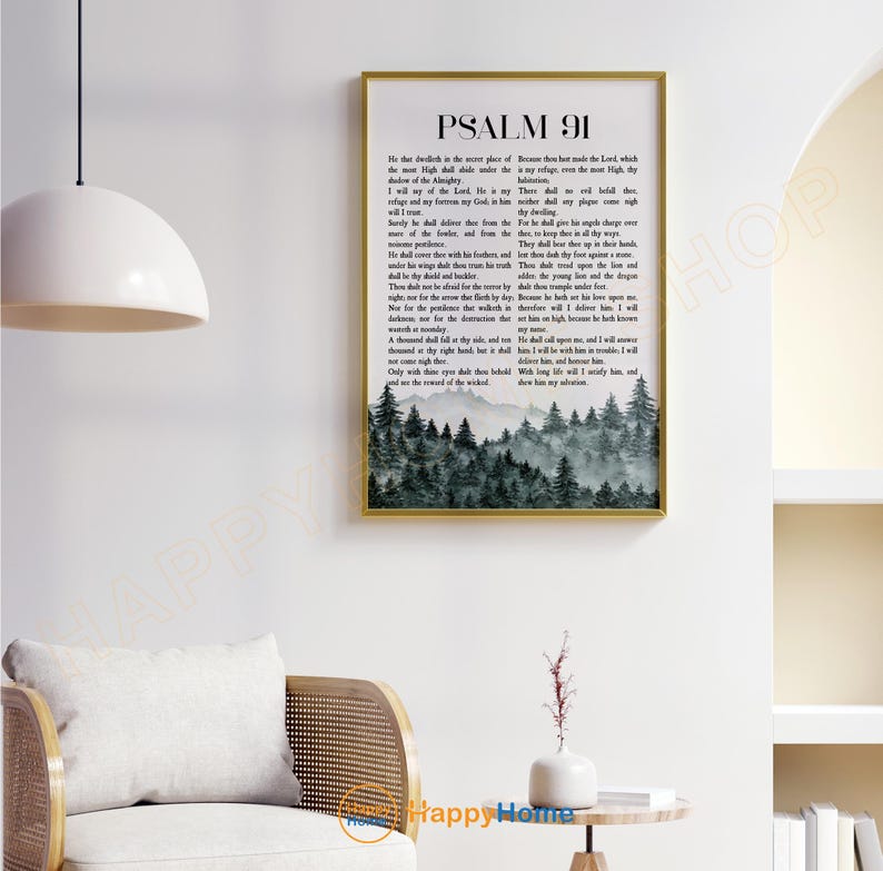 May include: A framed wall art print featuring the text "PSALM 91" in black font. The artwork includes a watercolor image of a forest scene in shades of green and gray. The frame is gold.