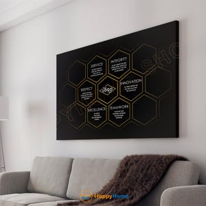 Könnte beinhalten: Schwarzes Leinwandbild mit goldenem Wabenmuster und Text. Der Text enthält Wörter wie "Service", "Integrität", "Innovation" und "Teamwork". Ein Logo befindet sich in der Mitte. Das Kunstwerk hängt über einem grauen Sofa mit einem braunen Fellüberwurf.