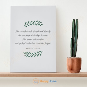 Proverbs 31:25-26 She is Clothed With Strength and Dignity Bible Verse Wall Art Botanical Scripture Print Christian Poster Wall Decor -P850