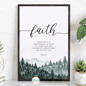 Puede incluir: Un diseño de arte de pared imprimible con una cita sobre la fe. La cita dice "Now faith is confidence in what we hope for and assurance about what we do not see - Hebrews 11:1". El fondo es una pintura de acuarela de un bosque.