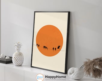 Sun and Birds Silhouette Wall Art Sunset Abstract Print Nature Swallows Art Minimalist Nordic Art Scandinavian Style Wall Decor -P567