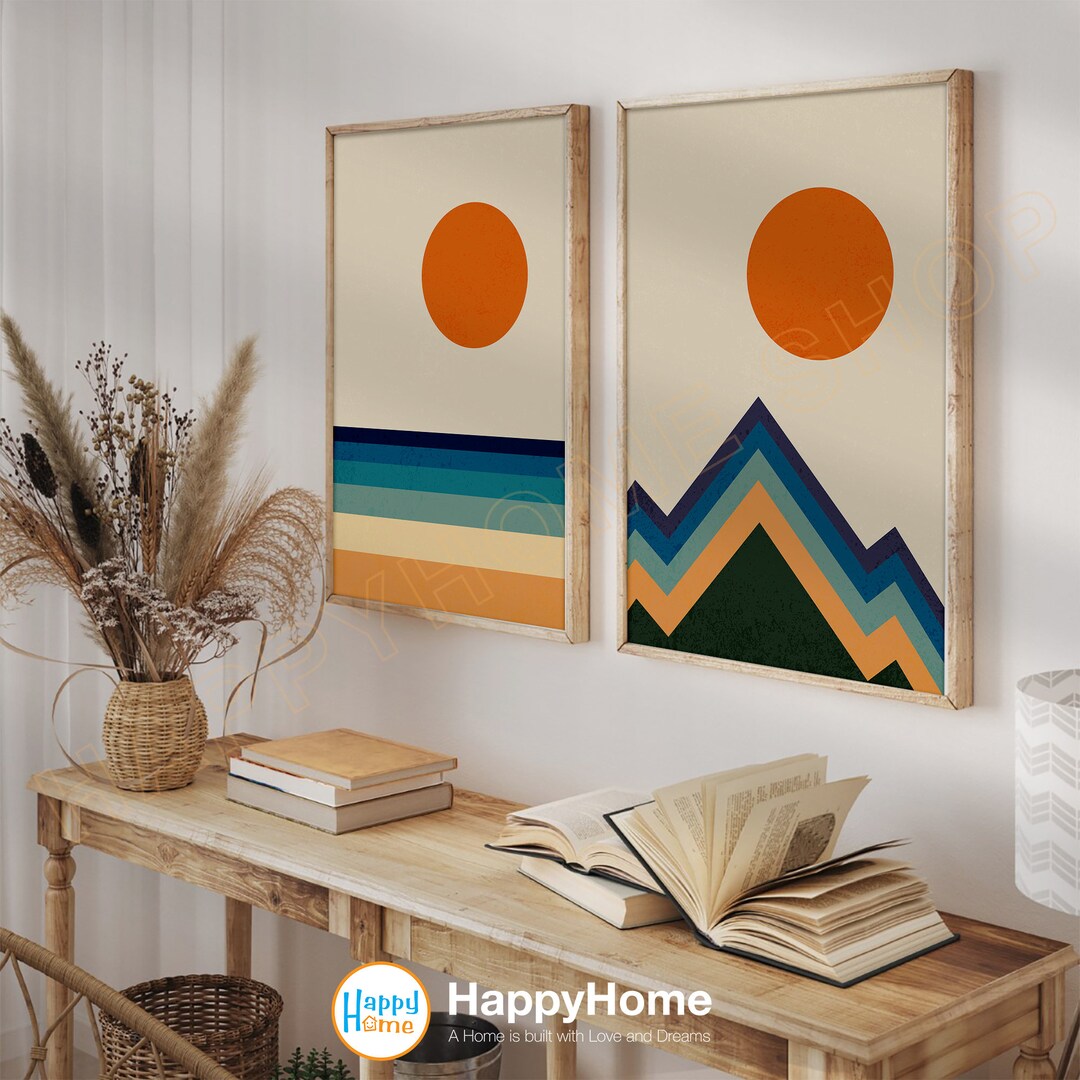 Sun Beach and Mountain Abstract Wall Art Set of 2 Geometric Abstract ...