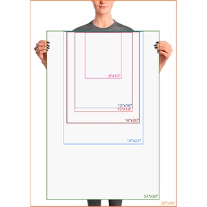 May include: A chart showing different print sizes for a photo, ranging from 8x10 inches to 32x48 inches.
