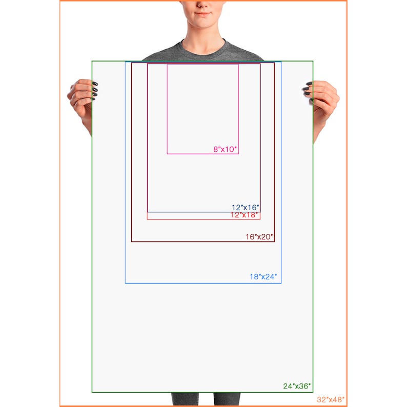 May include: A chart showing different print sizes for a photo, ranging from 8x10 inches to 32x48 inches.