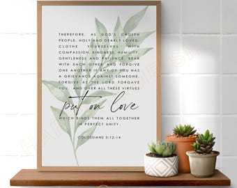 Kolossenzen 3:12-14 Bijbelvers kunst aan de muur op liefde schrift teken print kleden jezelf met mededogen christelijk Home Art decor-PB85