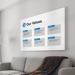 May include: A large white canvas print with the text "Our Values" and a list of values including Integrity, Service, Respect, Excellence, Teamwork, and Innovation. The print is displayed above a gray sofa with a brown fur throw.