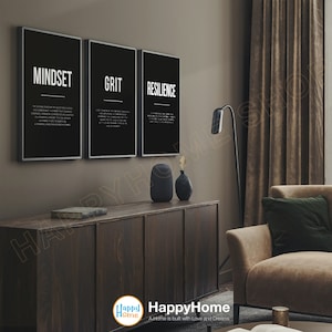 Mindset Grit Resilience Definition Motivational Quotes | Inspirational Wall Art Entrepreneur Quotes Poster Office Decor 3 Piece Wall Art Set