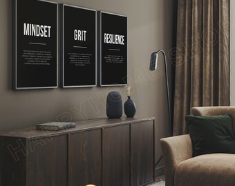 Mindset Grit Resilience Definición Citas motivacionales / Arte de pared inspirador Citas de emprendedores Póster Decoración de oficina Juego de arte de pared de 3 piezas