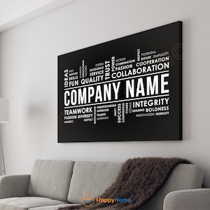 Puede incluir: Impresión en lienzo en blanco y negro con una nube de palabras de valores comerciales y el texto "COMPANY NAME".