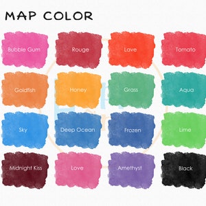 Puede incluir: Un gr&aacute;fico con 16 muestras de color, cada una etiquetada con un nombre descriptivo. Los colores van desde el rosa brillante hasta el negro oscuro. El gr&aacute;fico est&aacute; titulado "MAP COLOR".