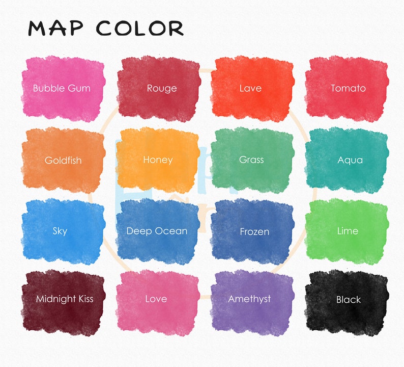 Puede incluir: Un gr&aacute;fico con 16 muestras de color, cada una etiquetada con un nombre descriptivo. Los colores van desde el rosa brillante hasta el negro oscuro. El gr&aacute;fico est&aacute; titulado "MAP COLOR".