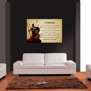 May include: A motivational quote about making choices and being true to yourself, illustrated with a warrior standing on a hilltop. The quote reads: "I CHOOSE to live by choice, not by chance. To be motivated, not manipulated. To be useful, not used. To make changes, not excuses. To excel, not compete. Choose self-esteem, not self-pity. Choose to listen to my inner voice, not the random opinion of others. I CHOOSE TO BE ME."