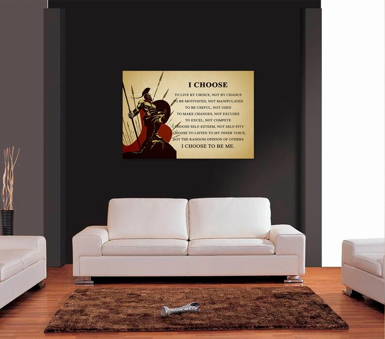 May include: A motivational quote about making choices and being true to yourself, illustrated with a warrior standing on a hilltop. The quote reads: "I CHOOSE to live by choice, not by chance. To be motivated, not manipulated. To be useful, not used. To make changes, not excuses. To excel, not compete. Choose self-esteem, not self-pity. Choose to listen to my inner voice, not the random opinion of others. I CHOOSE TO BE ME."