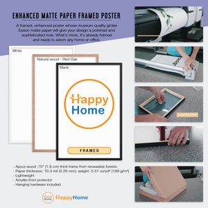 May include: A framed poster with a white background and an orange and blue logo that says "Happy Home". The poster is available in white, natural wood, and black frames. The text "FRAMED" is below the logo.