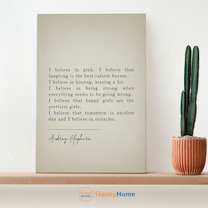 Creo en rosa, cita de Audrey Hepburn, arte de pared, cita motivacional, impresiones inspiradoras, decoración artística de pared-P894