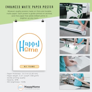May include: A poster with the text "Happy Home" in a circle with a house icon. The poster is printed on thick, durable matte paper and is gicl&eacute;e-printed on archival, acid-free paper. The poster is 10.3 mil thick and weighs 5.57 oz/yd&sup2;. The poster has a 94% opacity and 104% ISO brightness.