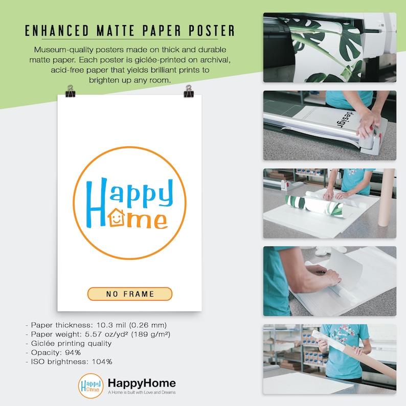 May include: A poster with the text "Happy Home" in a circle with a house icon. The poster is printed on thick, durable matte paper and is gicl&eacute;e-printed on archival, acid-free paper. The poster is 10.3 mil thick and weighs 5.57 oz/yd&sup2;. The poster has a 94% opacity and 104% ISO brightness.