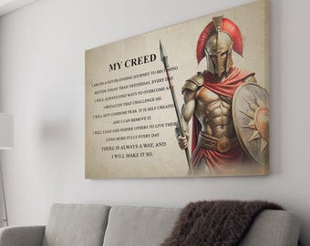May include: A motivational quote about overcoming challenges and finding a way, illustrated with a warrior holding a shield and spear. The quote reads "My Creed: I am on a never-ending journey to becoming better today than yesterday, every day. I will always find ways to overcome any obstacles that challenge me. I will not condone fear. It is self created and I can remove it. I will lead and inspire others to live their lives more fully every day. There is always a way, and I will make it so."