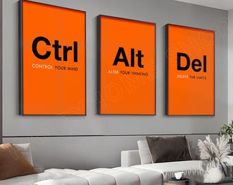 Ctrl Alt Del Motivational Wall Art Modern Office Quote Inspirational Print Productivity Positive Thinking Decor | Set of 3 Pieces -PG46
