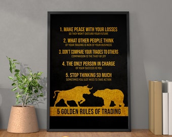 5 Golden Rules of Trading Wall Art Bull and Bear Investing Quotes Trading Poster | Trading Rules Wall Art Home Art Office Decor Modern Art