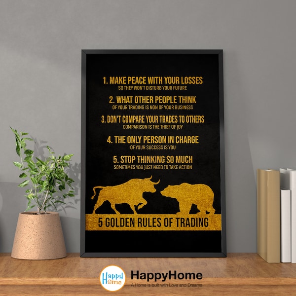 5 Golden Rules of Trading Wall Art Bull and Bear Investing Quotes Trading Poster | Trading Rules Wall Art Home Art Office Decor Modern Art