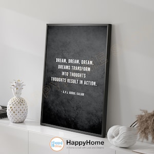 May include: Black and white motivational quote poster with a textured background. The quote reads "DREAM, DREAM, DREAM. DREAMS TRANSFORM INTO THOUGHTS THOUGHTS RESULT IN ACTION."  The quote is attributed to A.P.J. ABDUL KALAM.