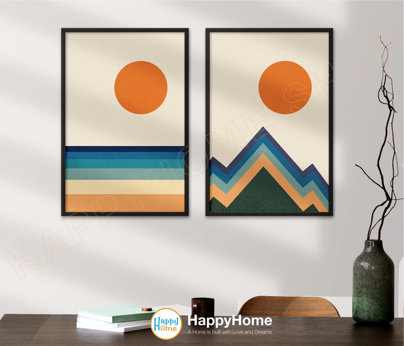 Sun Beach and Mountain Abstract Wall Art Set of 2 Geometric Abstract ...