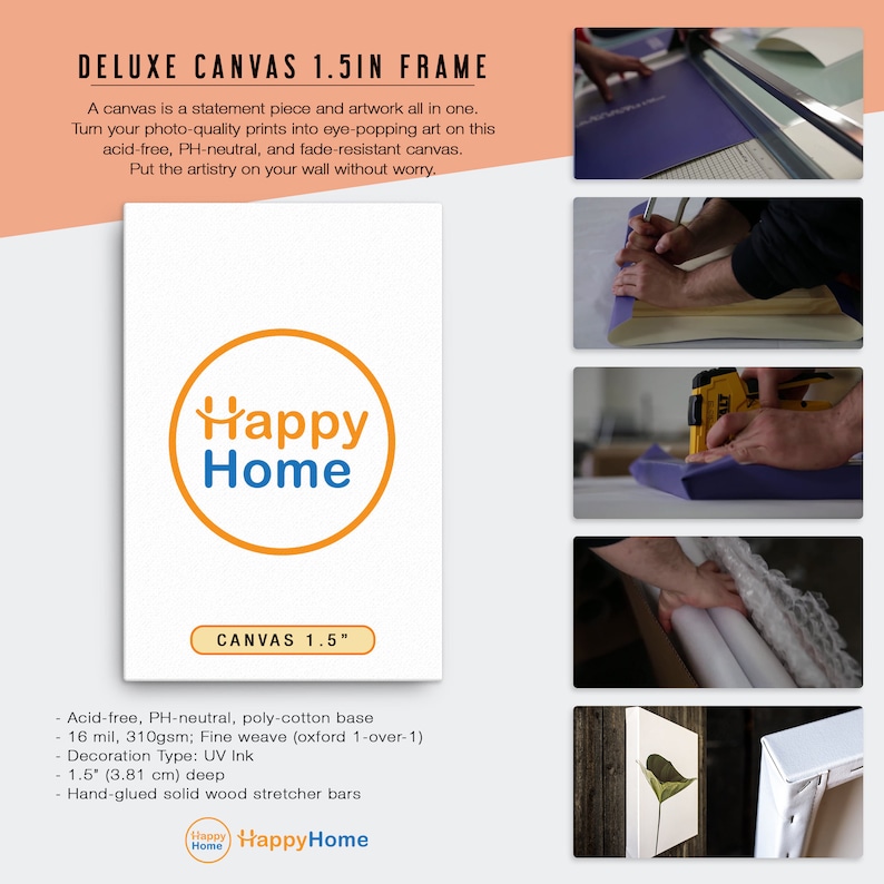 May include: A white canvas print with the "Happy Home" logo in orange and blue. The canvas is 1.5 inches deep and features acid-free, fade-resistant materials. The image also shows the canvas framing process.