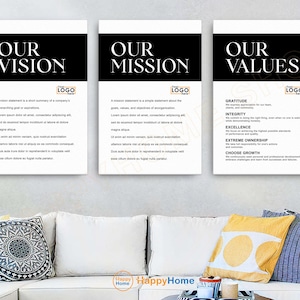 Our Vision Our Mission Our Values Wall Art Personalized Business Statement Entrepreneur Poster Office Wall Decor | Set of 3 Piece -PD07