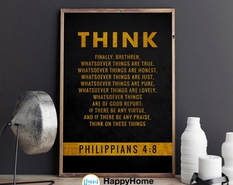 Philippians 4:8 Think On These Things | Bible Verse Wall Art | Modern Christian Decor | Scripture Print Bible Quote Poster Office Decor Art