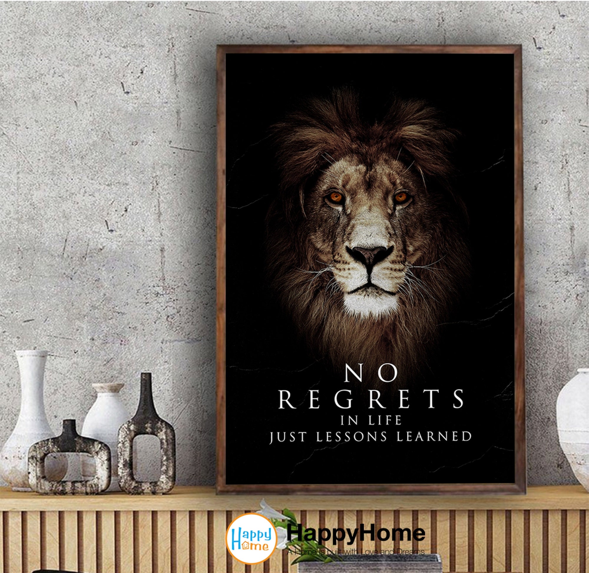 Lion Poster Motivational Inspiration Quotes Wall Art - No Regrets in ...
