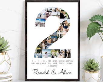 May include: A white photo collage in a black frame, featuring a number 2 made of photos of a couple. The text below reads "2 years, 24 months, 104 weeks, 730 days, 17520 hours, 1051200 minutes, 63072000 seconds... & counting" and "Ronald & Alice".