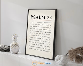 Puede incluir: Una impresión enmarcada en blanco y negro con el texto "SALMO 23" y un pasaje de la Biblia. El texto dice: "El Señor es mi pastor; nada me faltará. En verdes praderas me hace descansar; junto a aguas tranquilas me conduce. Él restaura mi alma; me guía por sendas de justicia por amor a su nombre. Aunque pase por el valle de sombra de muerte, no temeré mal alguno, porque tú estás conmigo; tu vara y tu cayado me infunden aliento. Tú preparas mesa ante mí en presencia de mis enemigos; unges mi cabeza con aceite; mi copa rebosa. Ciertamente, el bien y la misericordia me seguirán todos los días de mi vida, y habitaré en la casa del Señor por siempre."