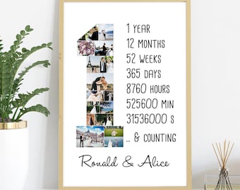 May include: A white photo collage in a light wood frame. The collage is a photo montage of a couple's wedding photos arranged in the shape of the number one. The text below the collage reads "1 year, 12 months, 52 weeks, 365 days, 8760 hours, 525600 min, 31536000 s... & counting" and "Ronald & Alice".