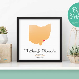 DIGITAL Printable Personalized Engagement Wall Art | Custom Watercolor Map Printable Poster with Names, Place and Date | Anniversary Gifts