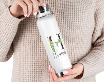 Personalized 22oz Vacuum Insulated Bottle - Personalized Gift with Name | Watercolor Cactus Alphabet Custom Stainless Steel Water Bottle