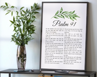 Salmo 91 (Versión Reina Valera) - Arte de pared con versículo bíblico: «El que habita en el refugio». Impresión de cita bíblica / Póster de arte bíblico cristiano para decoración del hogar - P970