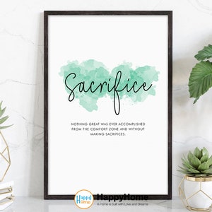 Puede incluir: Un dise&ntilde;o de arte de pared imprimible con un fondo de acuarela verde y la palabra "Sacrifice" en escritura cursiva negra. La cita "Nada grande se logr&oacute; jam&aacute;s desde la zona de confort y sin hacer sacrificios." est&aacute; impresa debajo de la palabra.
