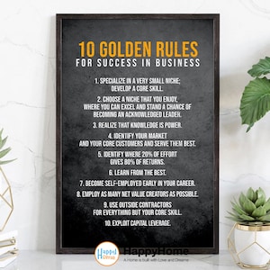 10 Goldene Regeln für den Erfolg im Geschäft Motivierende Zitate Wandkunst Leinwand | Inspirational Zitate Entrepreneur Poster Home Art Office Decor