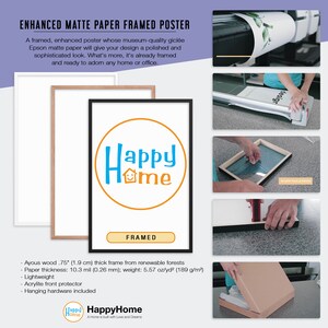 May include: A framed poster with the text "Happy Home" in a blue circle with a white house icon. The poster is framed in a light brown wood frame. The frame is 1.9 cm thick and made from renewable forests. The paper is 10.3 mil thick and weighs 5.57 oz/yd&sup2;. The poster includes an acrylite front protector and hanging hardware.