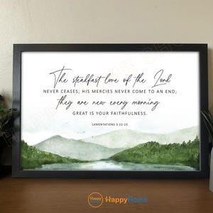 Arte de parede com versículos bíblicos de Lamentações 3:22-23, O amor inabalável do Senhor, impressão de placa bíblica | Arte bíblica cristã para decoração de escritório e casa - PB81