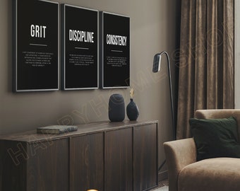 Grit Discipline Consistency Definition Wall Art | Inspirational Print Motivational Entrepreneur Quotes Office Decor 3 Piece Wall Art Set