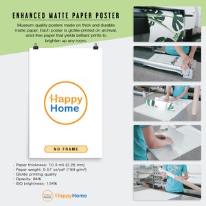 May include: A white poster with the "Happy Home" logo in an orange circle, and the text "NO FRAME". The poster is held by black clips. The image also shows the printing process, including a printer and someone rolling the poster.