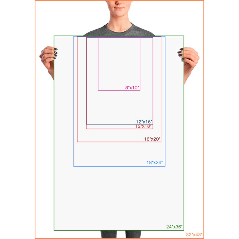 Puede incluir: Un gr&aacute;fico que muestra diferentes tama&ntilde;os de impresi&oacute;n para una foto, que van desde 8x10 pulgadas hasta 32x48 pulgadas.