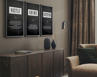 Hustle Grind Execution Definition Motivational Quotes | Inspirational Wall Art Entrepreneur Quotes Poster Office Decor 3 Piece Wall Art Set