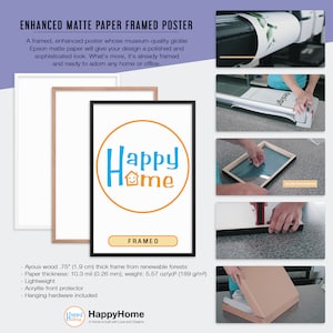 May include: A framed poster with the text "Happy Home" in a blue circle with a white house icon. The poster is framed in a light brown wood frame. The frame is 1.9 cm thick and made from renewable forests. The paper is 10.3 mil thick and weighs 5.57 oz/yd&sup2;. The poster includes an acrylite front protector and hanging hardware.