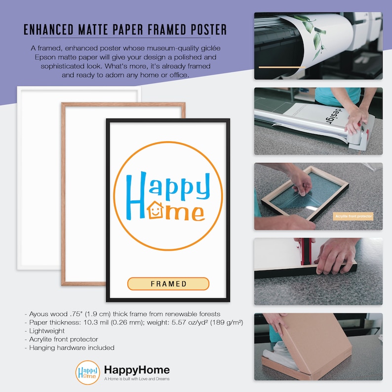 May include: A framed poster with the text "Happy Home" in a blue circle with a white house icon. The poster is framed in a light brown wood frame. The frame is 1.9 cm thick and made from renewable forests. The paper is 10.3 mil thick and weighs 5.57 oz/yd&sup2;. The poster includes an acrylite front protector and hanging hardware.