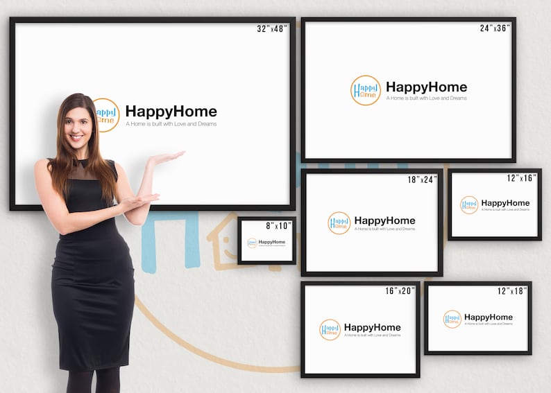 May include: A woman presents a variety of framed art prints with the "HappyHome" logo and the tagline "A Home is built with Love and Dreams." The prints come in various sizes, including 32x48 inches, 24x36 inches, 18x24 inches, 16x20 inches, 12x18 inches, 12x16 inches, and 8x10 inches.