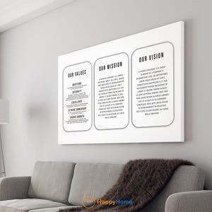 May include: A white canvas print with black text. The print is divided into three sections. The left section is titled "Our Values" and lists the values: Gratitude, Integrity, Excellence, Extreme Ownership, and Choose Growth. The middle section is titled "Our Mission" and contains a short paragraph about a mission statement. The right section is titled "Our Vision" and contains a short paragraph about a vision statement.